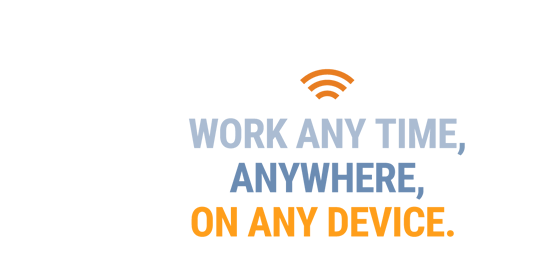 Cloud with the text 'Work anytime, anywhere, on any device' in the middle